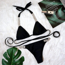 Load image into Gallery viewer, Bandage Cross Solid Color Metal Diamond Bikini - BikiniOmni.com
