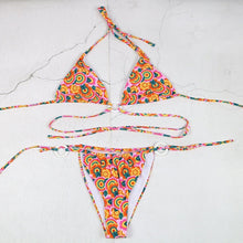 Load image into Gallery viewer, Bikini Soft Bag Low Waist Green Orange Black And White Ladies Split Swimsuit - BikiniOmni.com
