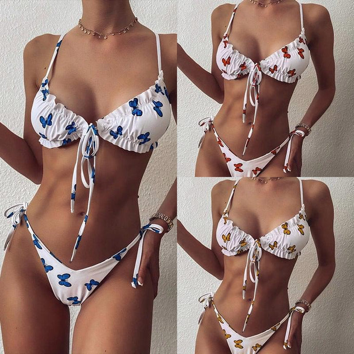 Butterfly Print High Waist Bikini Swimsuit Set With Straps - BikiniOmni.com