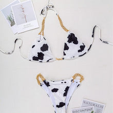 Load image into Gallery viewer, Cow Print Sexy Gold Chain High Waist Backless Bikini - BikiniOmni.com
