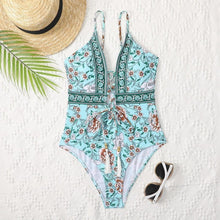 Load image into Gallery viewer, Deep V Tie One Piece Swimsuit Cashew Flower Print Triangle - BikiniOmni.com
