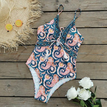 Load image into Gallery viewer, Deep V Tie One Piece Swimsuit Cashew Flower Print Triangle - BikiniOmni.com
