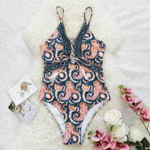 Load image into Gallery viewer, Deep V Tie One Piece Swimsuit Cashew Flower Print Triangle - BikiniOmni.com
