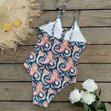 Load image into Gallery viewer, Deep V Tie One Piece Swimsuit Cashew Flower Print Triangle - BikiniOmni.com
