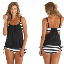 Load image into Gallery viewer, Gather Black And White Striped Split Bikini Ladies Swimsuit - BikiniOmni.com
