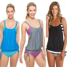Load image into Gallery viewer, Gather Black And White Striped Split Bikini Ladies Swimsuit - BikiniOmni.com
