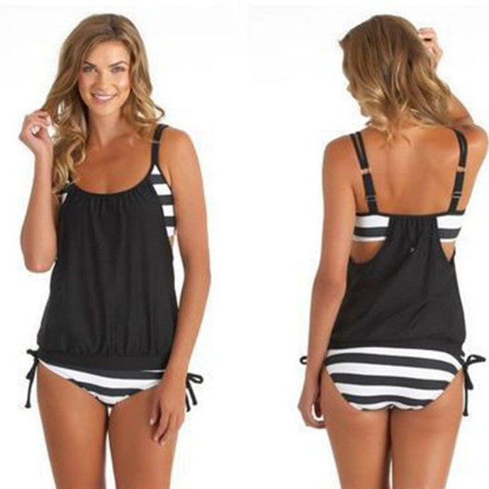 Gather Black And White Striped Split Bikini Ladies Swimsuit - BikiniOmni.com