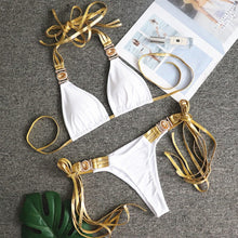 Load image into Gallery viewer, Golden Tassel Sexy Backless Crystal Diamond Bikini - BikiniOmni.com
