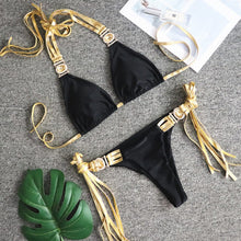 Load image into Gallery viewer, Golden Tassel Sexy Backless Crystal Diamond Bikini - BikiniOmni.com
