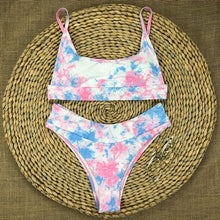 Load image into Gallery viewer, High Waist Bikini Swimsuit - Tie-Dye Cow Floral Geometric Print - BikiniOmni.com
