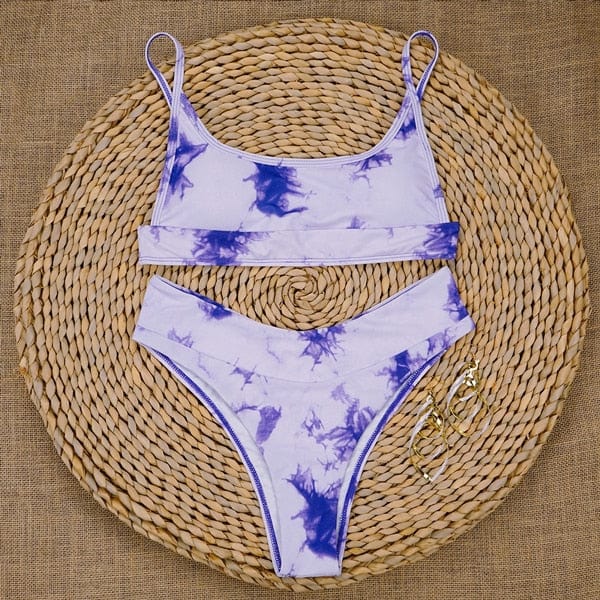 High Waist Bikini Swimsuit - Tie-Dye Cow Floral Geometric Print - BikiniOmni.com