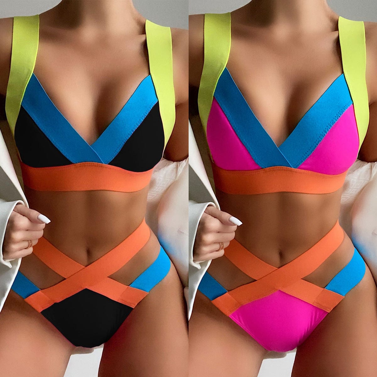 Neon Bandage Triangle High Waist Bikini Swimsuit - BikiniOmni