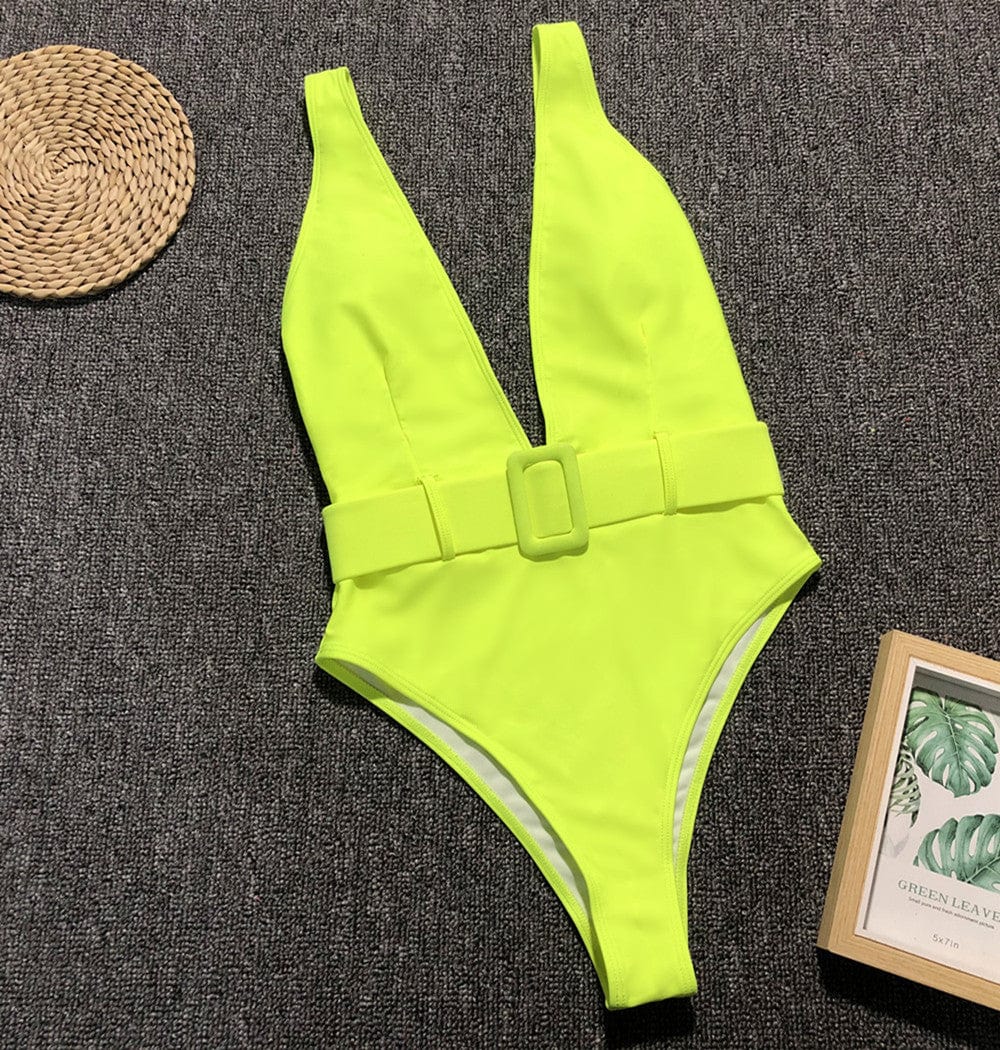 Neon & Leopard Print Monokini with Belt Buckle Swimsuit - BikiniOmni.com