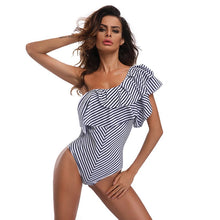 Load image into Gallery viewer, One Piece Fashion Striped Leaky Back Slanted Shoulder Swimsuit - BikiniOmni.com
