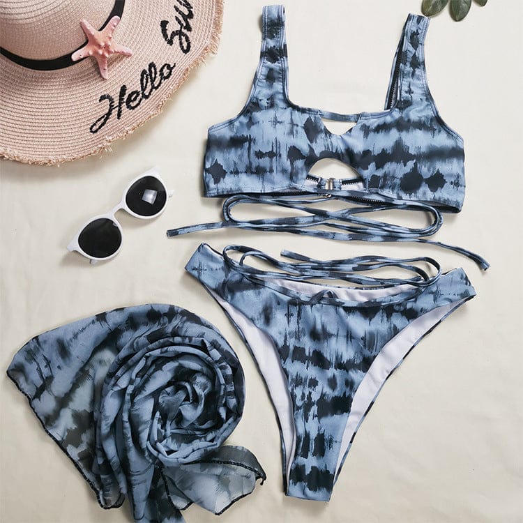 Printed Cross-Tie Dye Chiffon Three-Piece Split Bikini - BikiniOmni.com