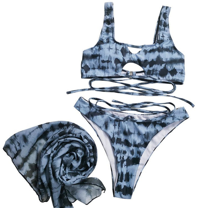Printed Cross-Tie Dye Chiffon Three-Piece Split Bikini - BikiniOmni.com