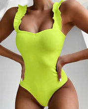 Load image into Gallery viewer, Ruffled &amp; One Shoulder Monokini - Neon Black White Green - BikiniOmni.com
