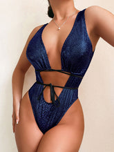 Load image into Gallery viewer, Snake Print Hollow Lace Up Backless High Cut Monokini Swimsuit - BikiniOmni.com
