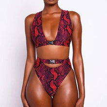 Load image into Gallery viewer, Snake Skin Print Buckle High-Waist Bikini Set - BikiniOmni.com
