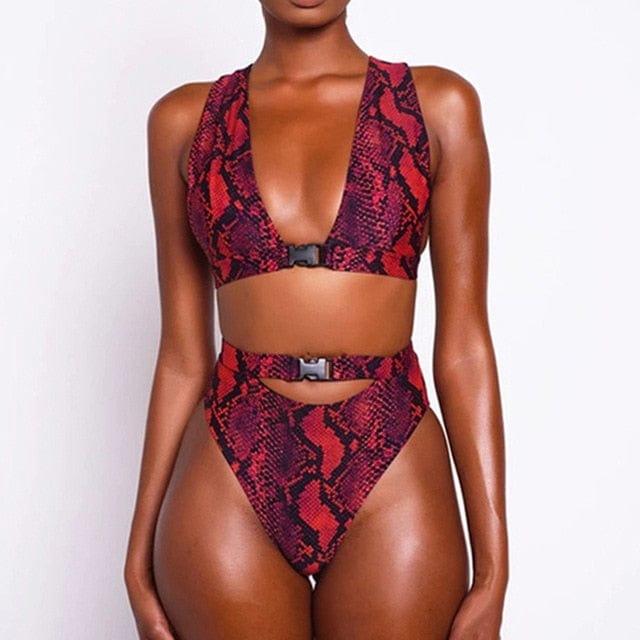 Snake Skin Print Buckle High-Waist Bikini Set - BikiniOmni.com