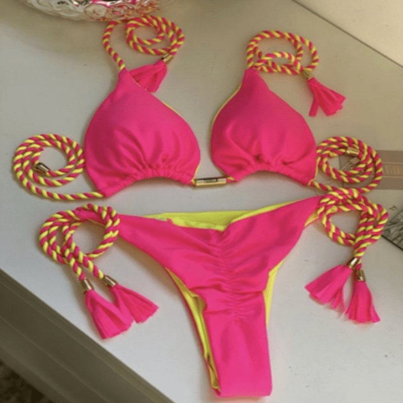 Solid Color Braided High Waist Bikini - BikiniOmni.com